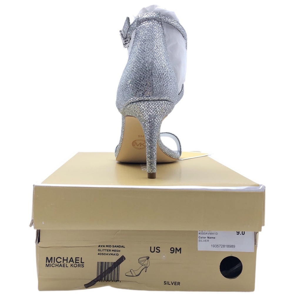Michael Kors Ava Silver Glitter Mid Stiletto Heel Strappy Sandal Shoes 9 M - Picture 5 of 9